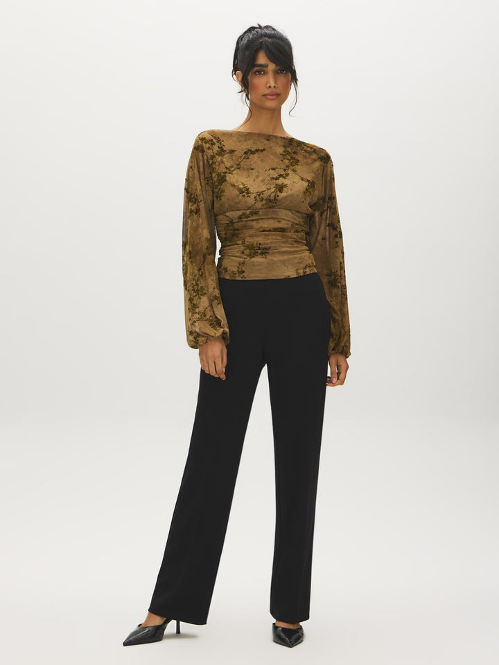 Flocked Mesh Top with Balloon Sleeves