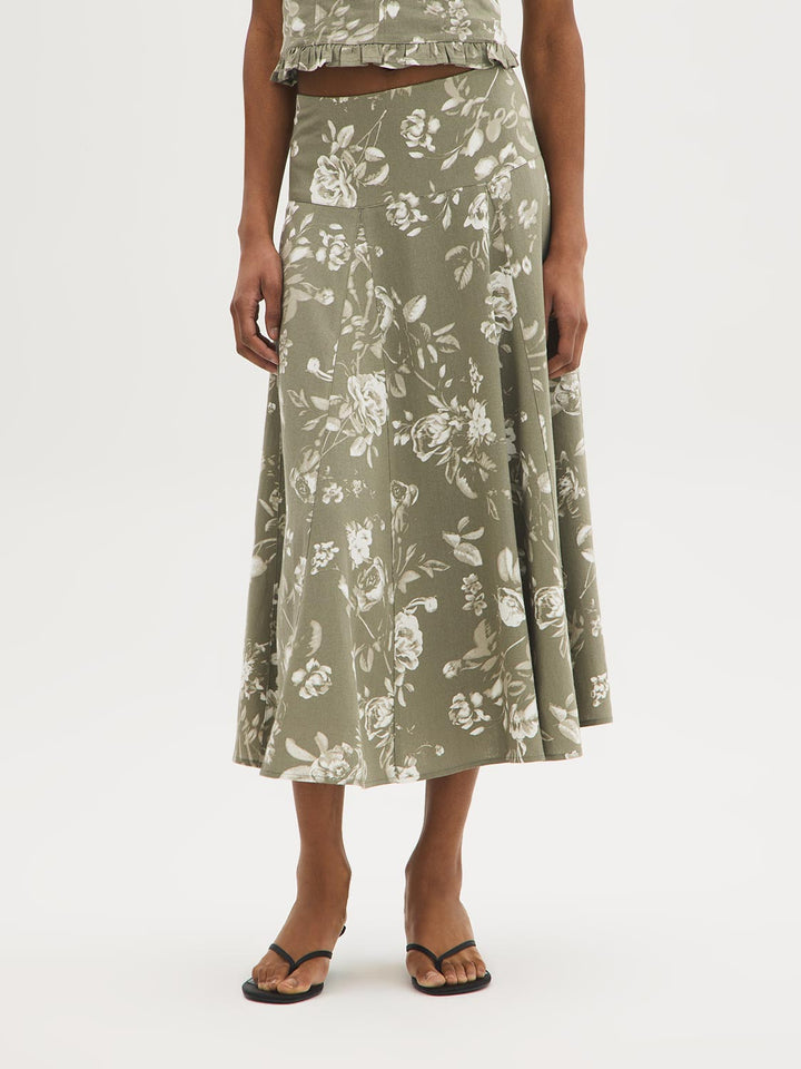 Floral Linen-Blend Panel Skirt