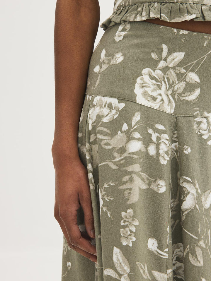 Floral Linen-Blend Panel Skirt