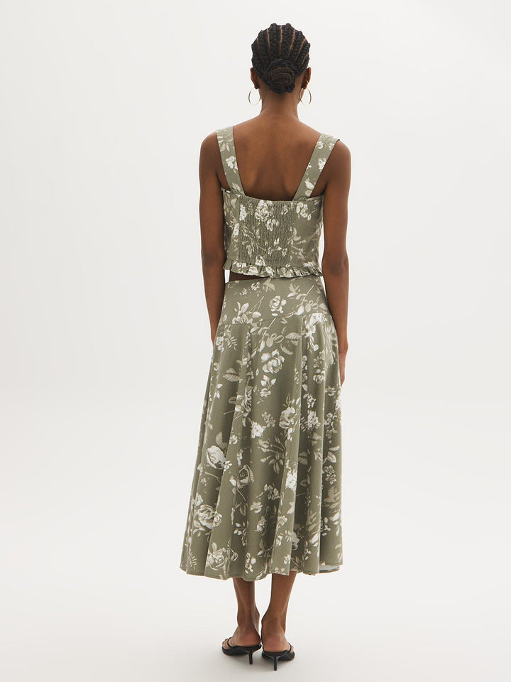 Floral Linen-Blend Panel Skirt