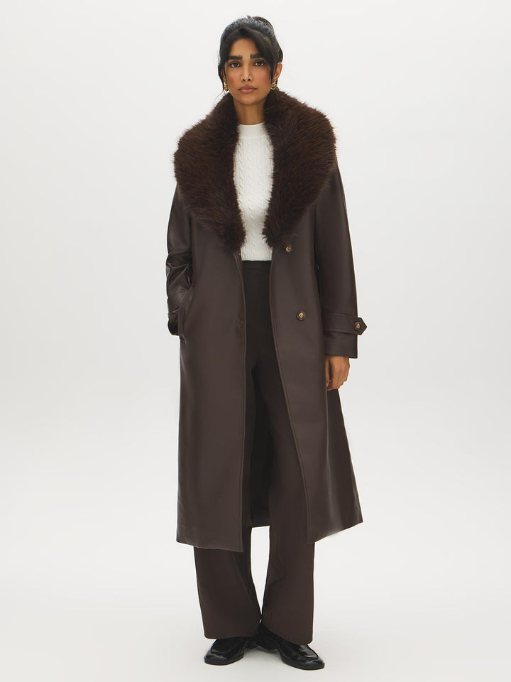 Faux Leather Coat with Faux Fur Collar