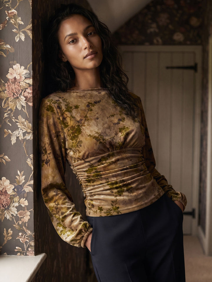 Flocked Mesh Top with Balloon Sleeves