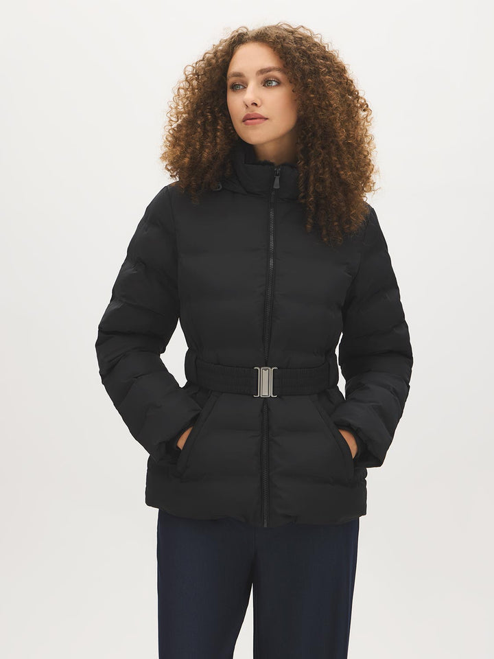 Quilted Belted Puffer Jacket with Faux Fur