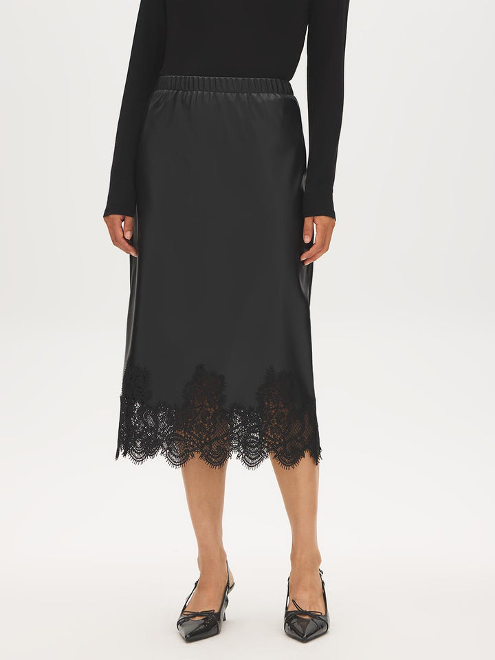 Lace Hem Faux Leather Midi Skirt