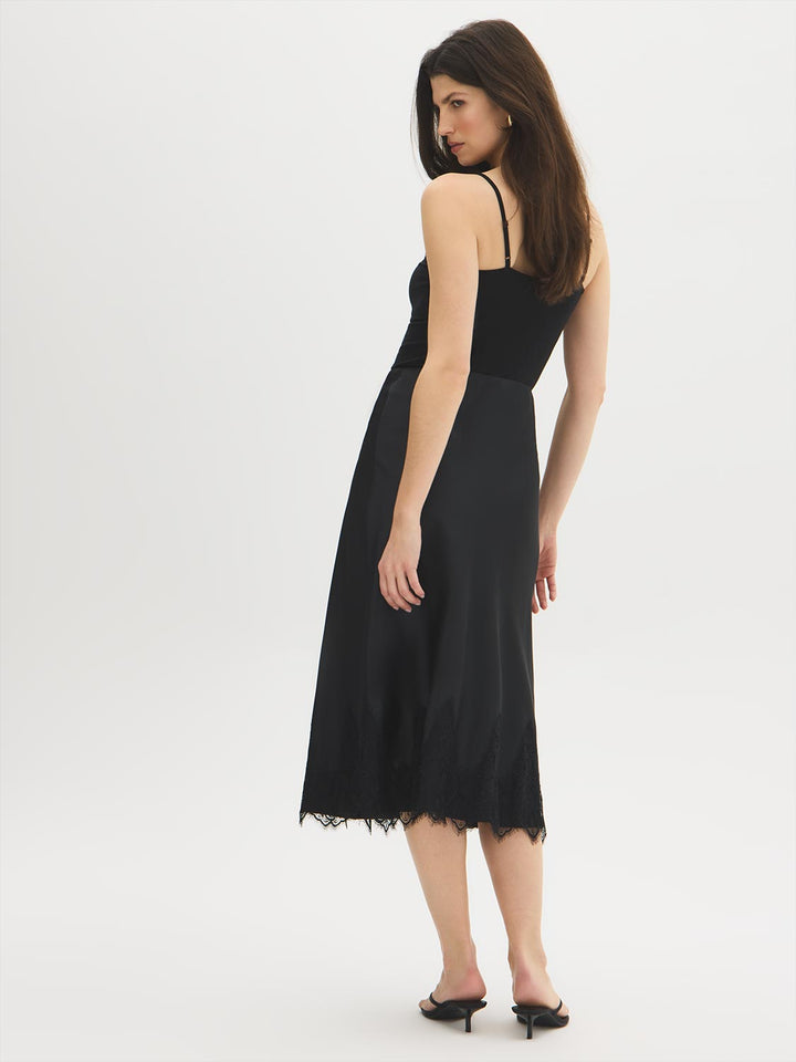 Lace Trim Satin-Like Midi Skirt