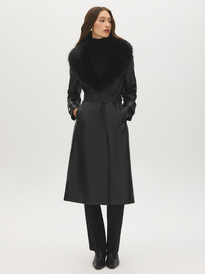 Faux Leather Coat with Faux Fur Collar