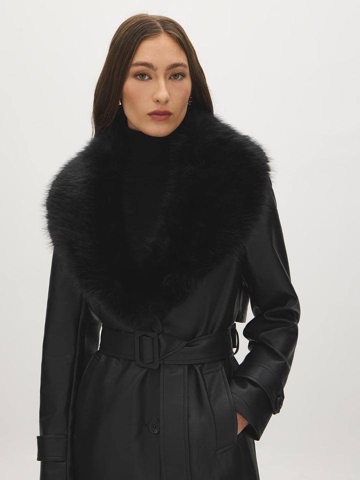Faux Leather Coat with Faux Fur Collar