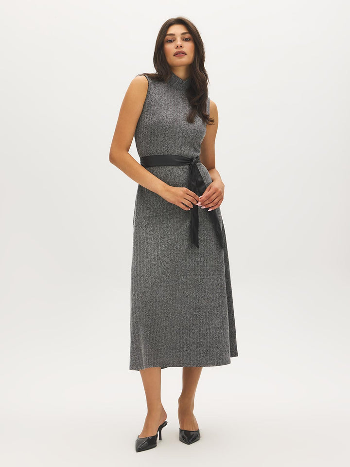 Herringbone Mock Neck Belted Dress