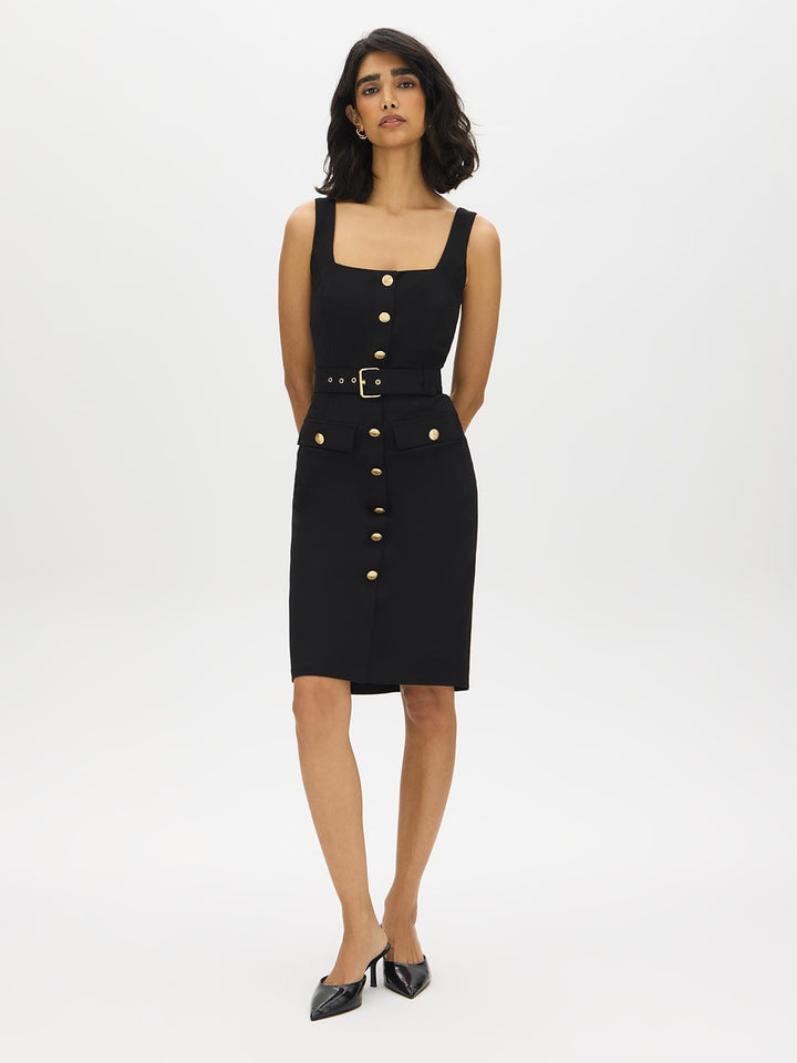 Belted Crepe Dress with Button Detail