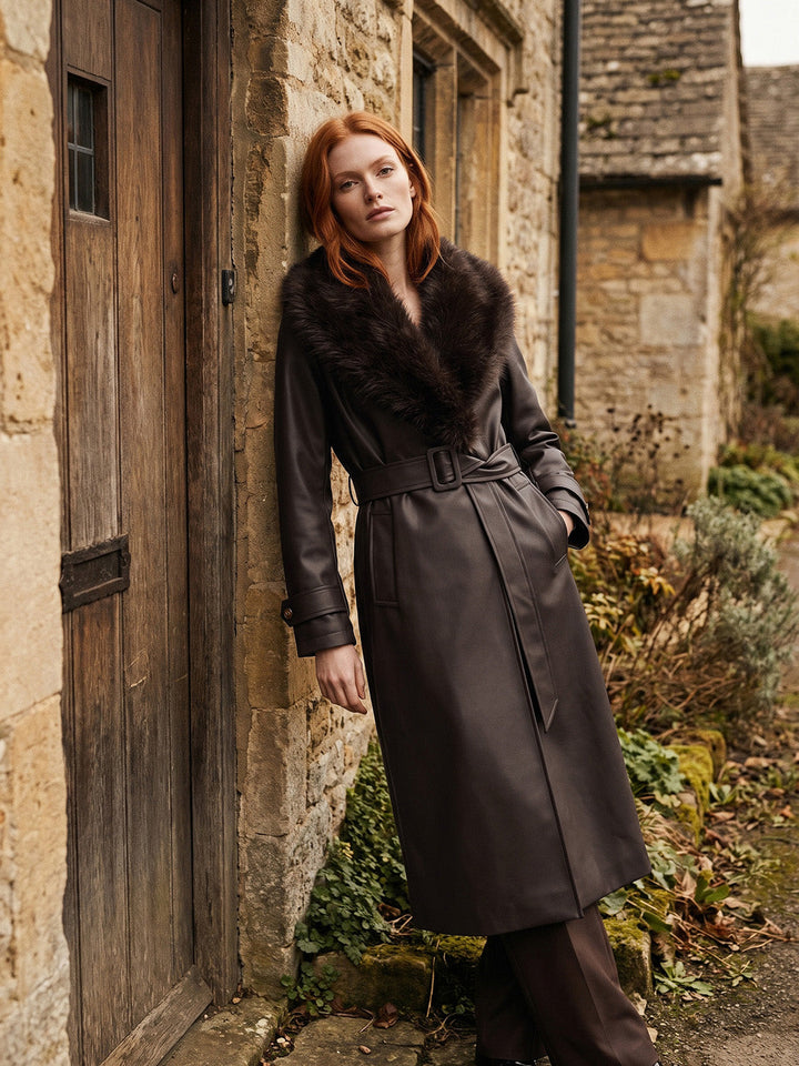 Faux Leather Coat with Faux Fur Collar