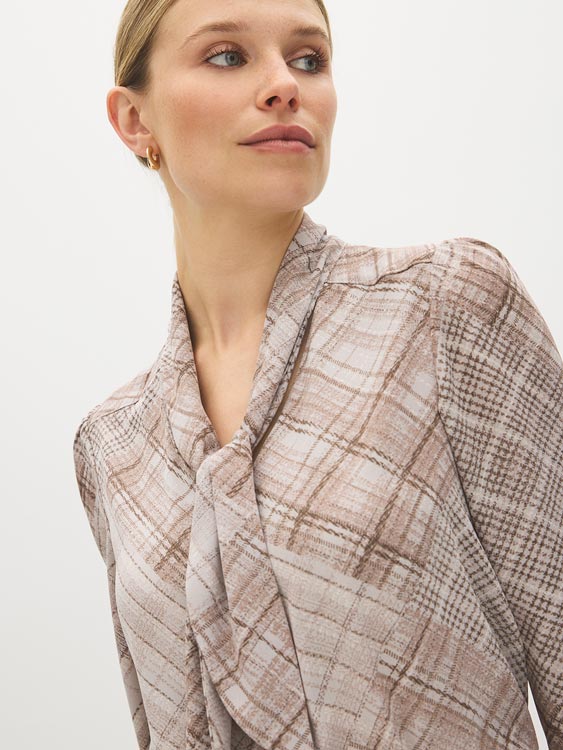 Plaid Tie Neck Blouse