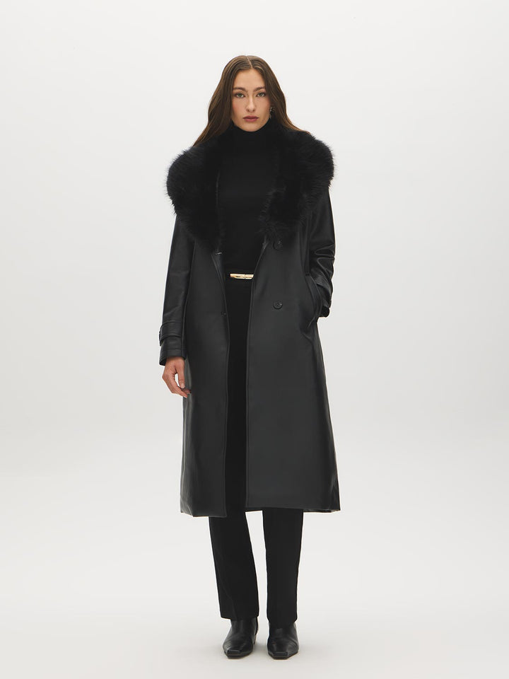 Faux Leather Coat with Faux Fur Collar
