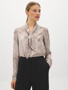 Plaid Tie Neck Blouse