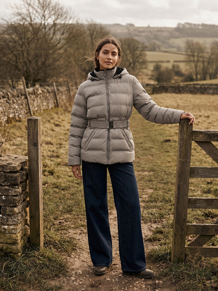 Quilted Belted Puffer Jacket with Faux Fur