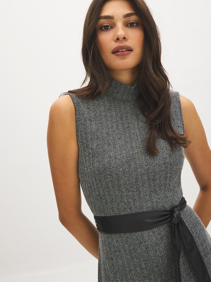 Herringbone Mock Neck Belted Dress