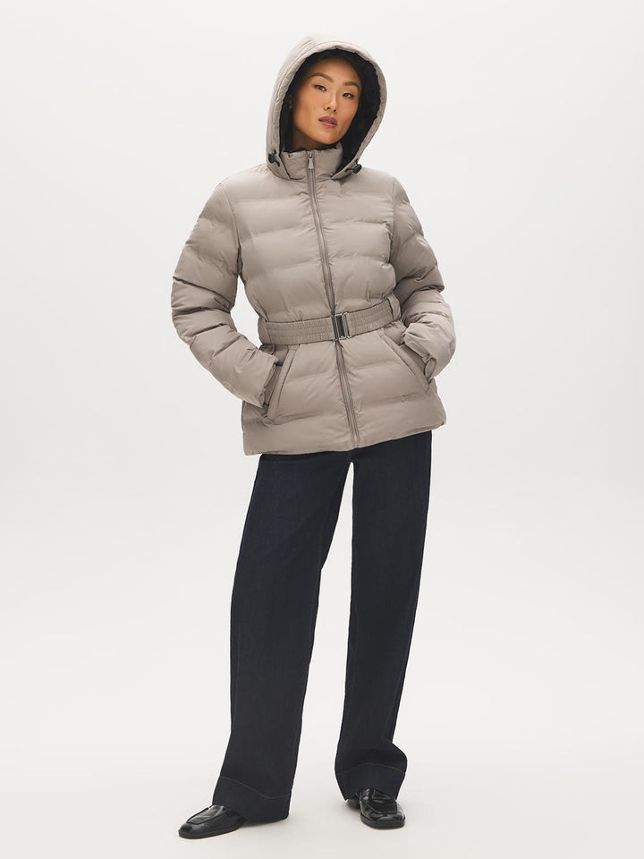 Quilted Belted Puffer Jacket with Faux Fur