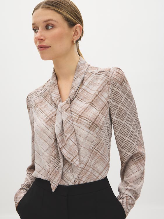 Plaid Tie Neck Blouse