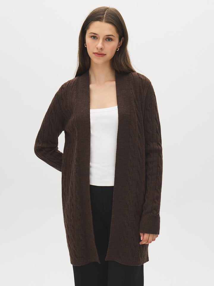 Long Cable Knit Open Cardigan