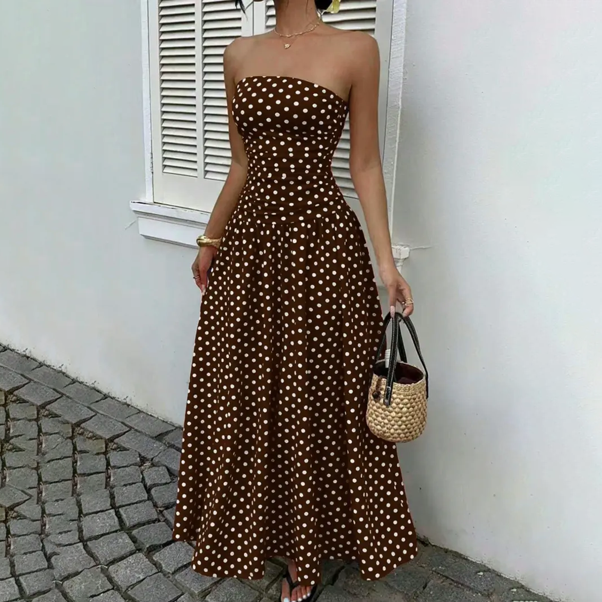 Elegant Polka Dot Halter Maxi Dress