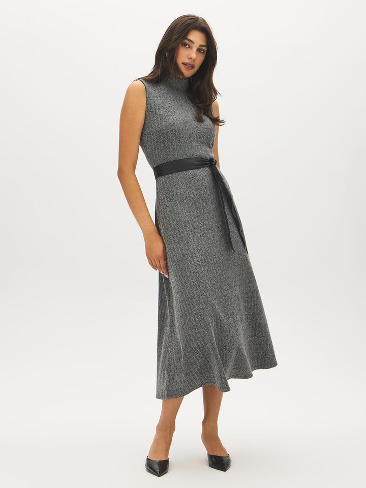 Herringbone Mock Neck Belted Dress