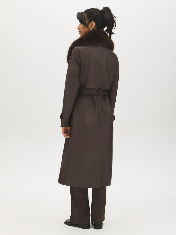 Faux Leather Coat with Faux Fur Collar