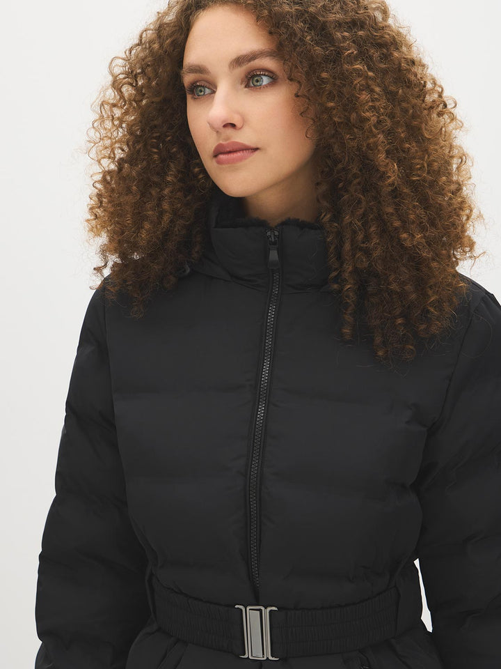 Quilted Belted Puffer Jacket with Faux Fur