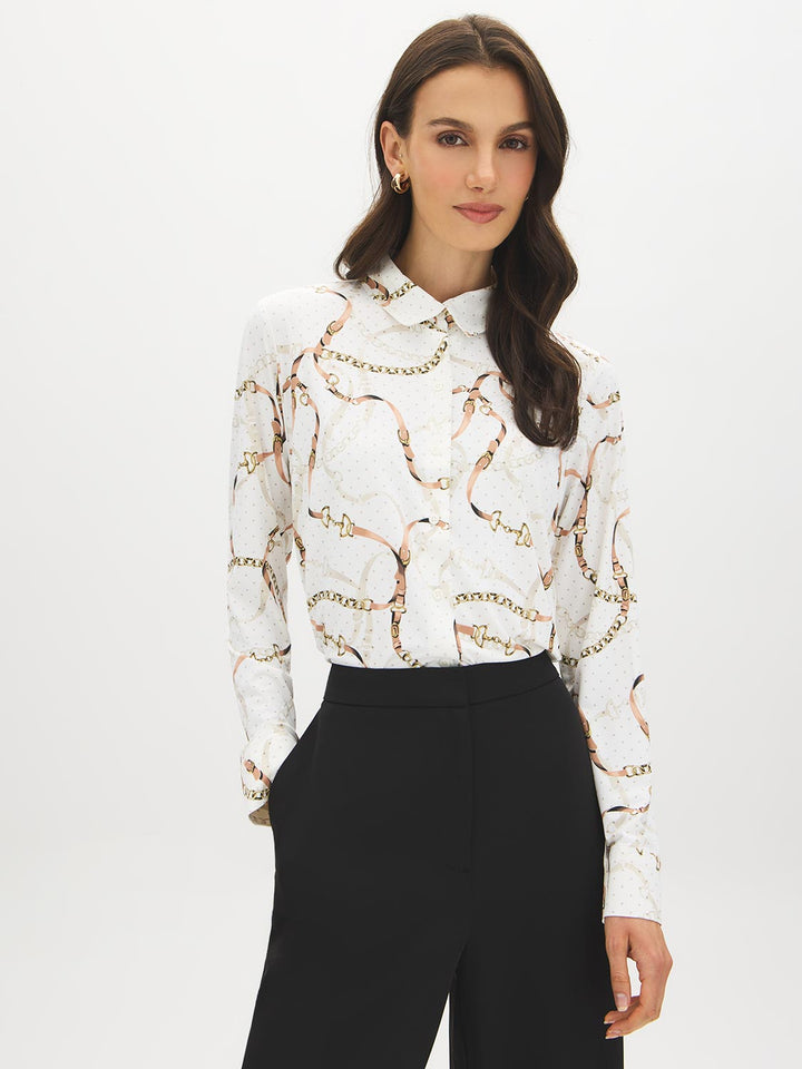 Chain Print Button-Up Blouse