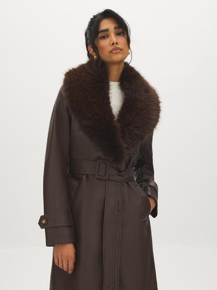 Faux Leather Coat with Faux Fur Collar