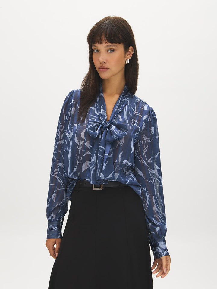Printed Bow Tie Neck Blouse