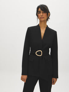 Collarless Knit Blazer with Sash Belt