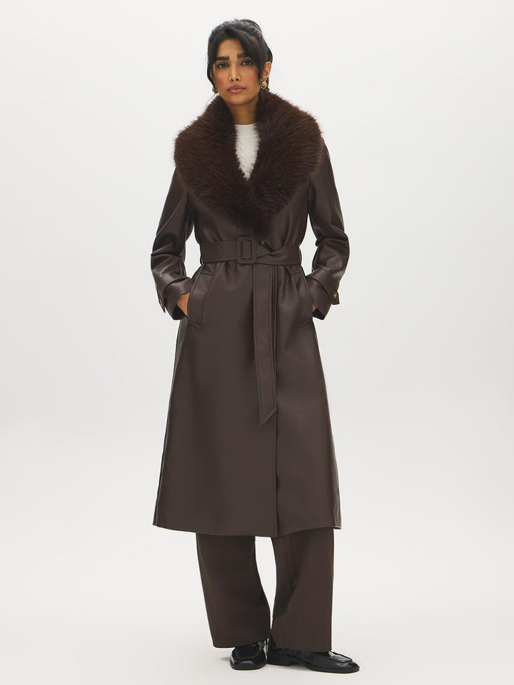 Faux Leather Coat with Faux Fur Collar