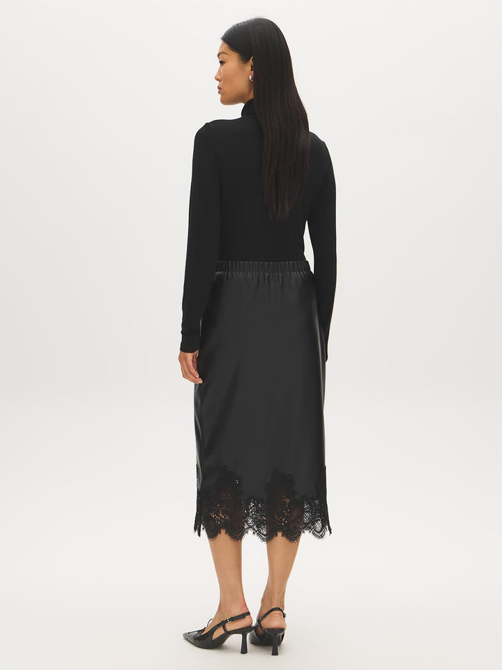 Lace Hem Faux Leather Midi Skirt