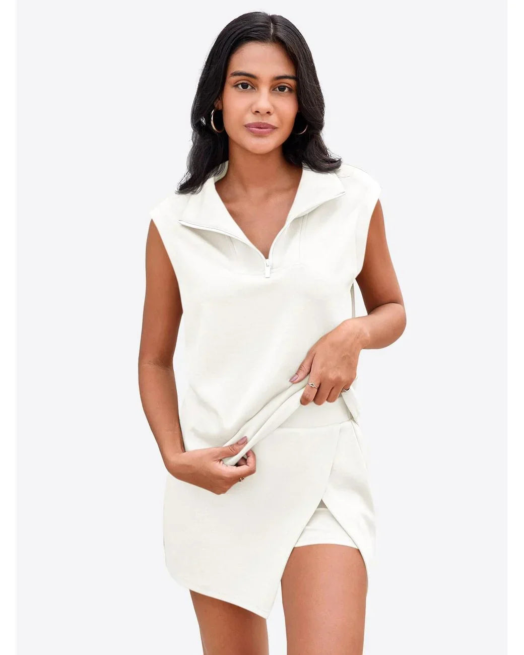 Women’s Summer 2 Piece Skirt Set – Sleeveless Half Zip Tennis Outfit